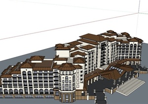 欧式对称式酒店建筑设计SU(草图大师)模型