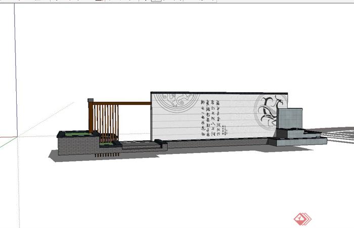三种不同的新中式风格景墙设计su模型(3)