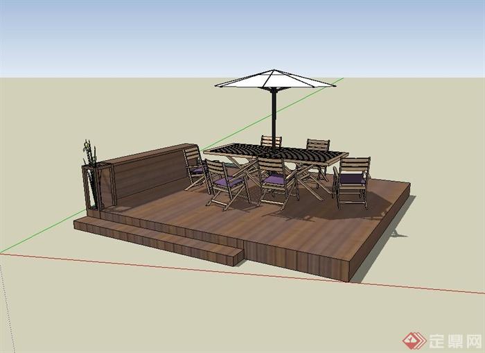某现代休闲平台伞桌椅、木平台设计su模型(1)