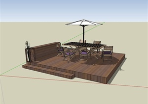 某现代休闲平台伞桌椅、木平台设计SU(草图大师)模型