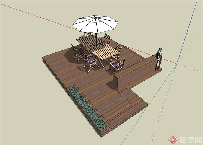 某现代休闲平台伞桌椅、木平台设计su模型(3)