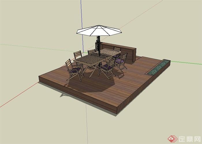 某现代休闲平台伞桌椅、木平台设计su模型(2)