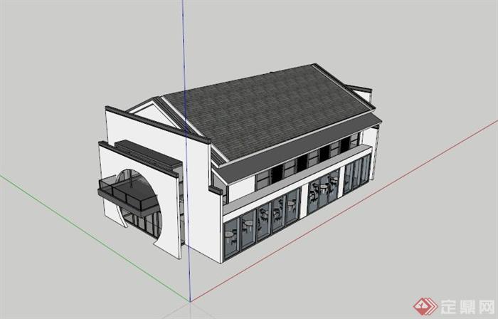 现代中式两层食堂建筑SU模型(1)
