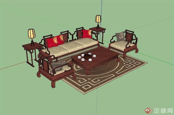 现代中式风格客厅茶桌椅组合设计su模型(2)