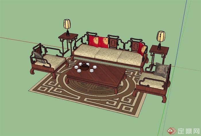 现代中式风格客厅茶桌椅组合设计su模型(1)