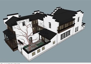 现代中式两层住宅建筑设计SU(草图大师)模型素材