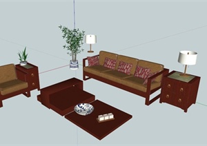 现代中式沙发茶几组合SU(草图大师)模型