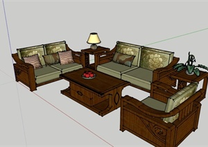 现代中式五人沙发茶几组合SU(草图大师)模型