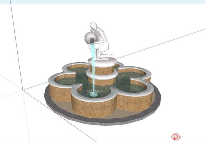 带喷水雕塑的花形水池景观设计SU模型(1)
