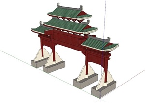 古典中式牌坊大门设计SU(草图大师)精致模型