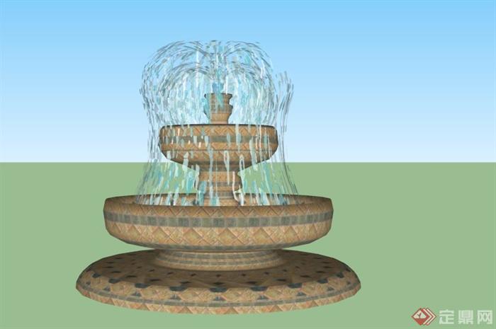 欧式圆形两层喷泉水池景观设计SU模型(3)
