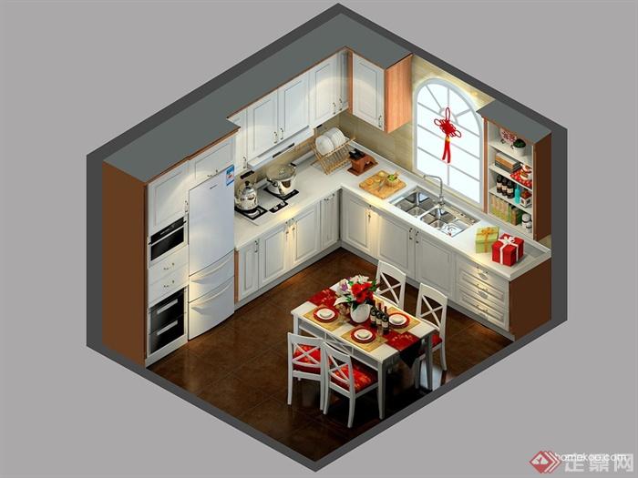 厨房餐厅,厨房餐柜,厨房设施,餐桌椅,冰箱