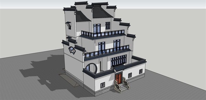 徽式别墅独栋住宅楼建筑设计su模型