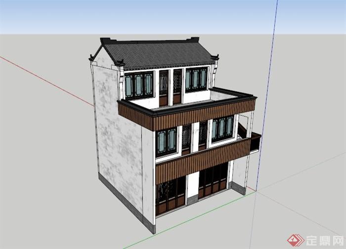 现代中式风情三层商业建筑设计su模型(1)