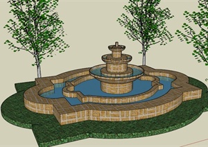 欧式多层喷泉水池景观设计SU(草图大师)模型