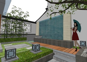 中国休闲会所的庭院景观设计SU(草图大师)模型