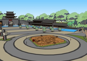 某古典中式风格厢镇北门滨水景观设计SU(草图大师)模型含建筑广场设计