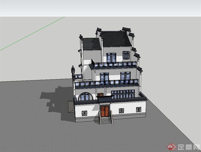 徽式别墅独栋住宅楼建筑设计su模型(2)