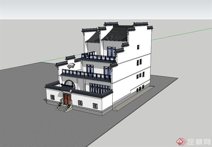 徽式别墅独栋住宅楼建筑设计su模型(3)