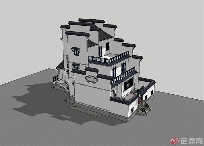 徽式别墅独栋住宅楼建筑设计su模型(4)