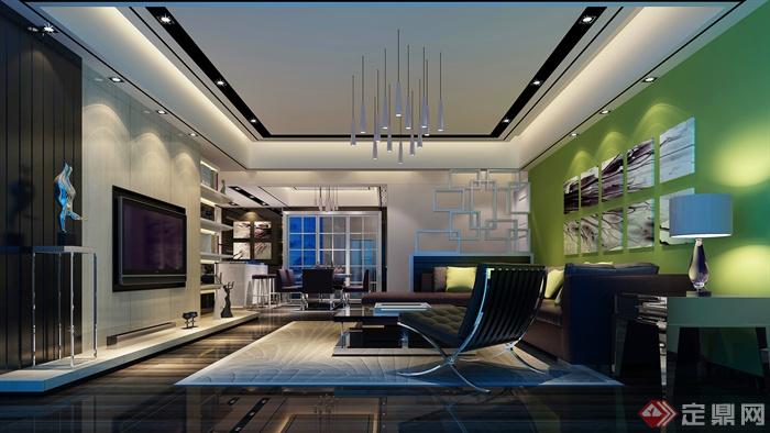 客厅设计,沙发组合,装饰画墙,吊灯