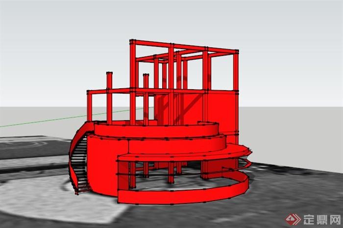 某现代红色简约观景台设计SU模型(3)