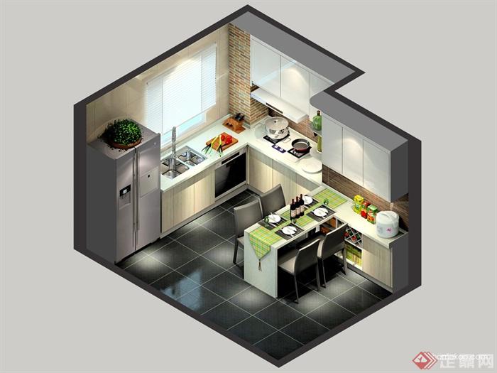 厨房设计,橱柜,洗菜池,冰箱,餐桌