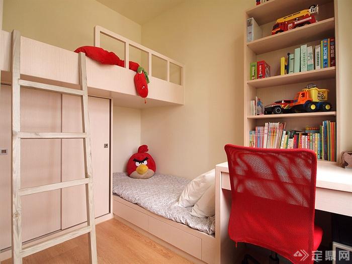 儿童房设计,高低床,书桌,书架