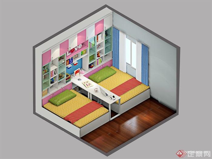 儿童房,床,书桌,展示柜