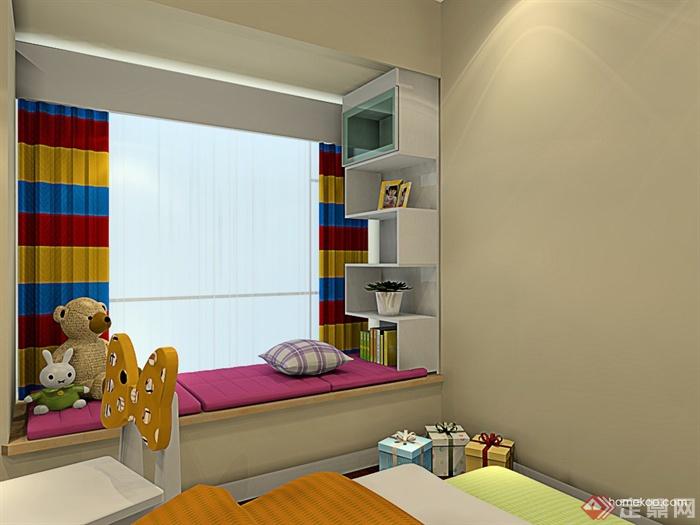 儿童房设计,飘窗,床,展示架