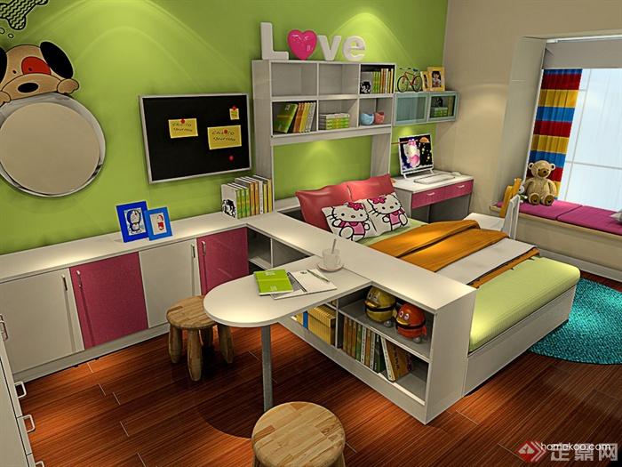 儿童房设计,床,书桌,书架,飘窗