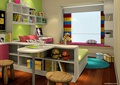 儿童房设计,书桌,飘窗,床,书架