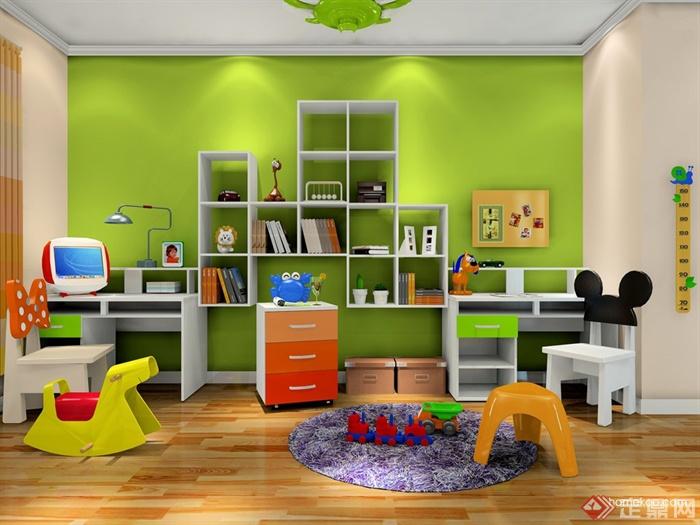 儿童房设计,书桌,书柜,地毯