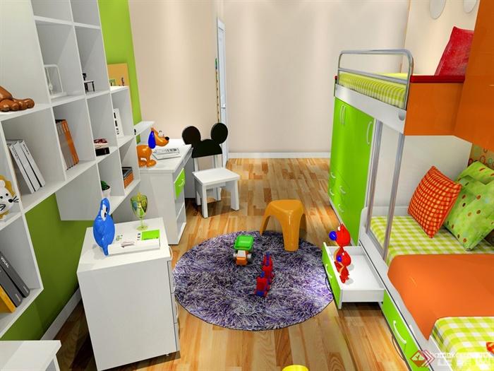 儿童房设计,书柜,书桌,高低床