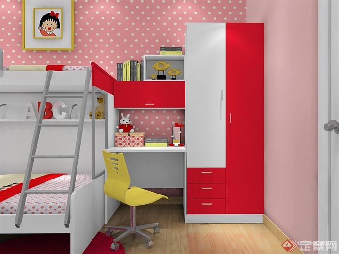 儿童房设计,高低床,书桌,衣柜