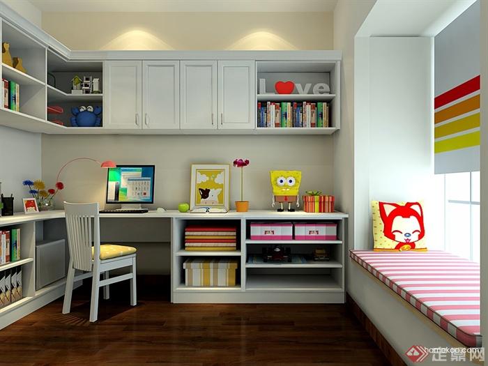 儿童房设计,书桌,飘窗,书柜