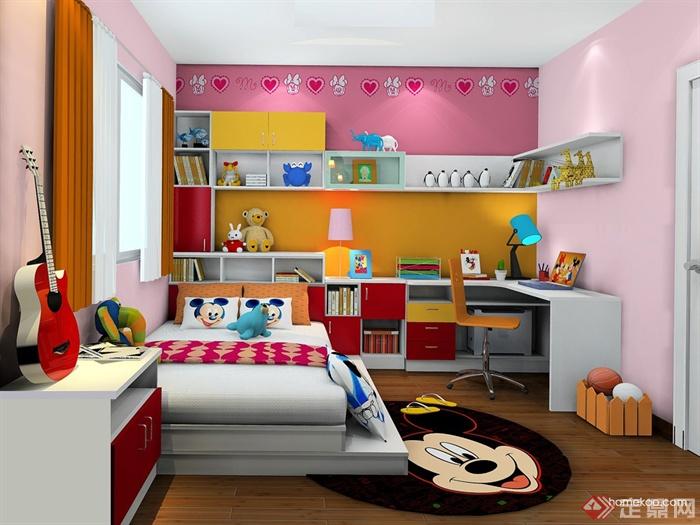 儿童房设计,床,展示柜,书桌