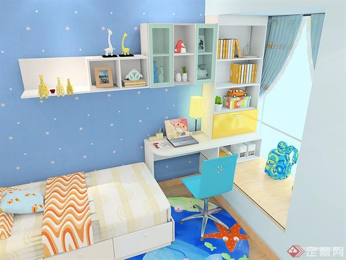 儿童房设计,床,书桌,书柜