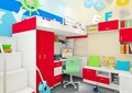 儿童房设计,床,书桌,书架,坐凳