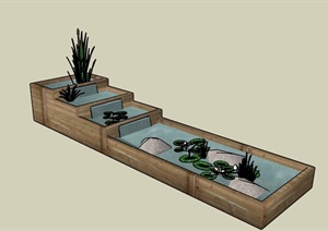 现代中式禅意木制跌水池景观设计SU(草图大师)模型