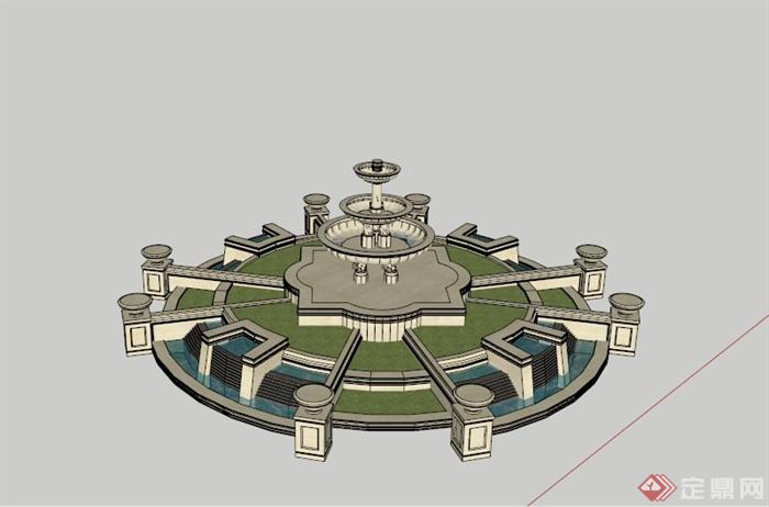 欧式圆形喷泉跌水池景观SU模型(1)