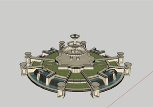 欧式圆形喷泉跌水池景观SU(草图大师)模型