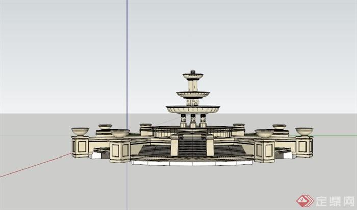 欧式圆形喷泉跌水池景观SU模型(3)