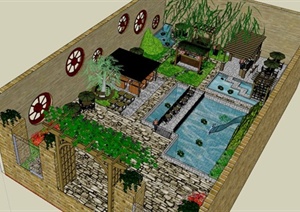 某带水池后院别墅庭院景观SU(草图大师)模型