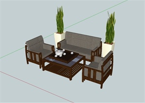 现代中式风格茶桌椅组合设计SU(草图大师)模型