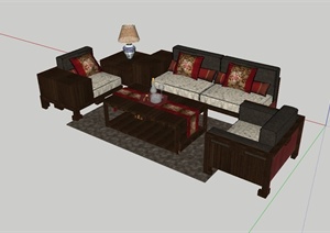 现代中式风格客厅沙发茶几组合设计SU(草图大师)模型