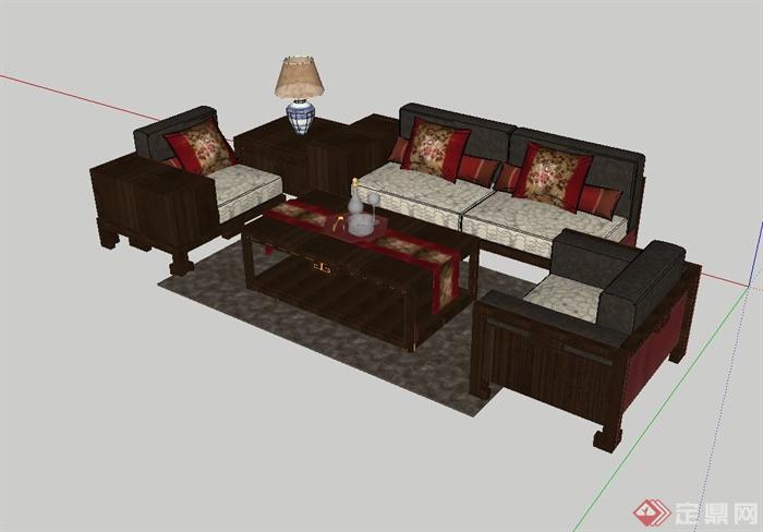现代中式风格客厅沙发茶几组合设计su模型(1)