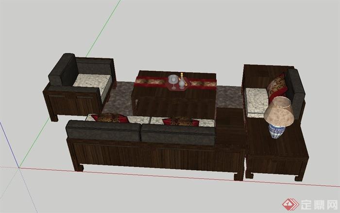 现代中式风格客厅沙发茶几组合设计su模型(3)