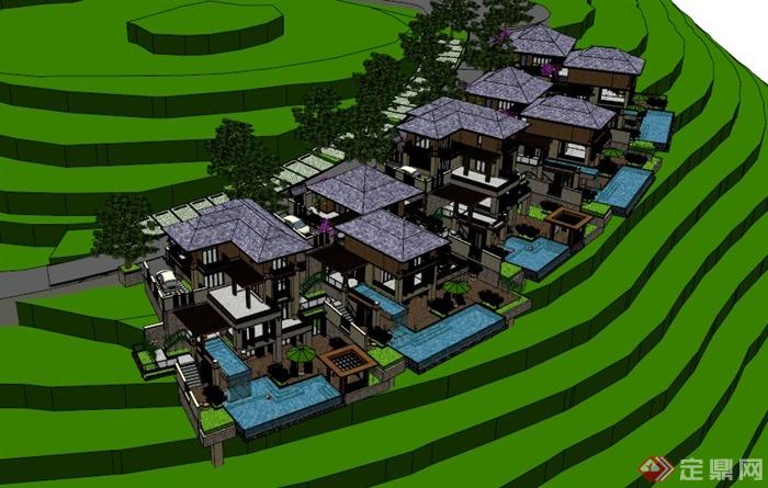 东南亚风格坡地度假别墅SU模型(1)
