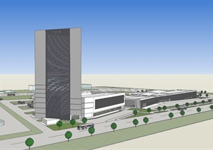 某现代风格大型汽车站建筑及办公楼设计SU(草图大师)模型